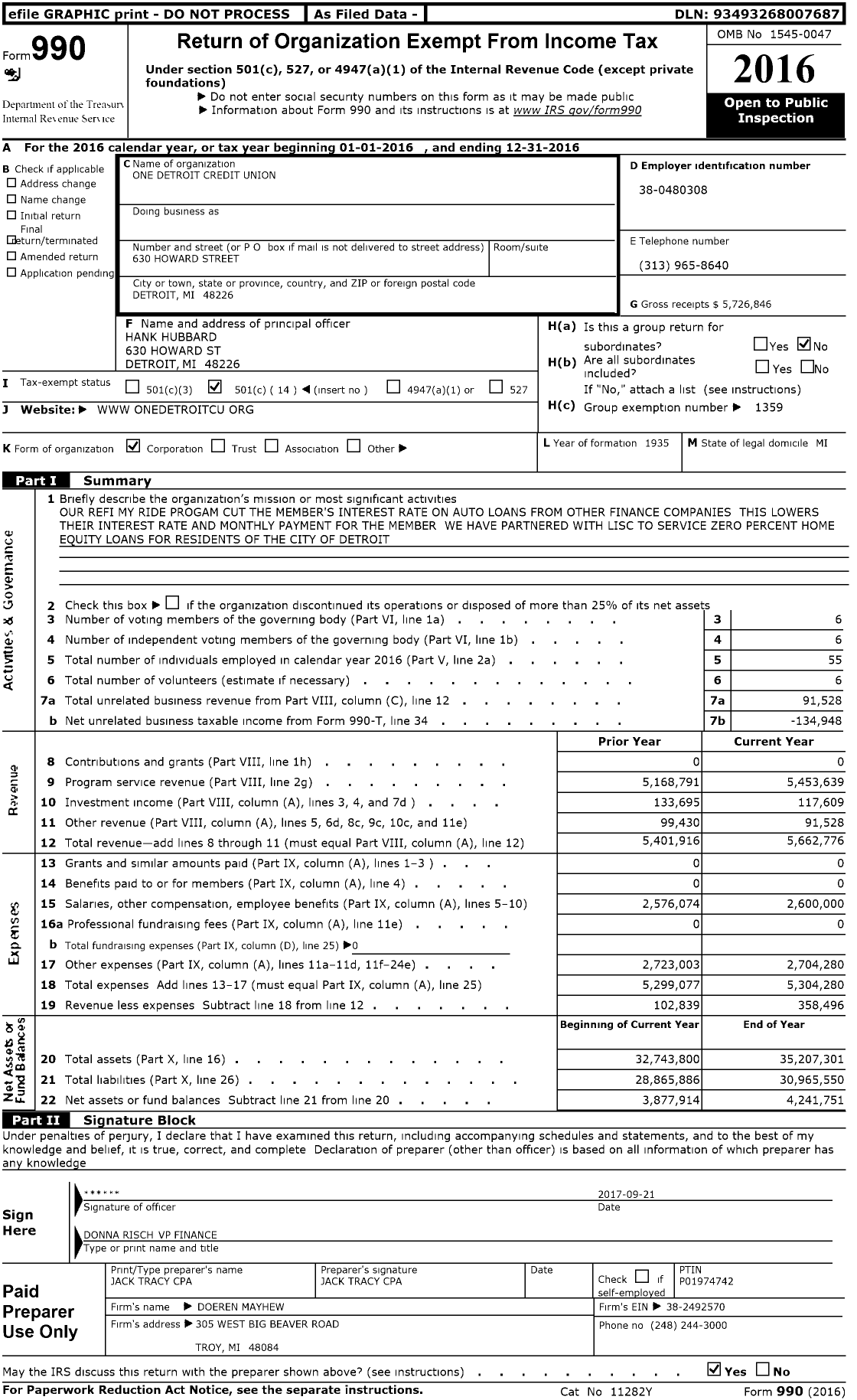 Image of first page of 2016 Form 990O for Credit Unions Chartered in the State of Michigan - 82 One Detroit Credit Union