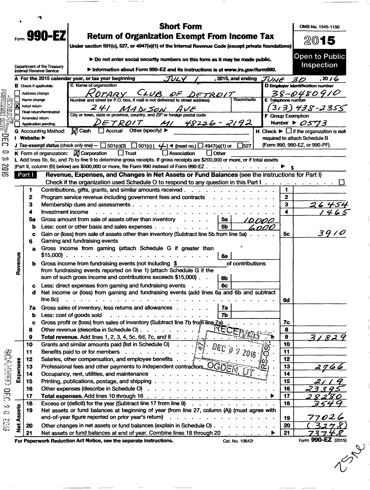 Image of first page of 2015 Form 990EO for Rotary International - Detroit Rotary Club