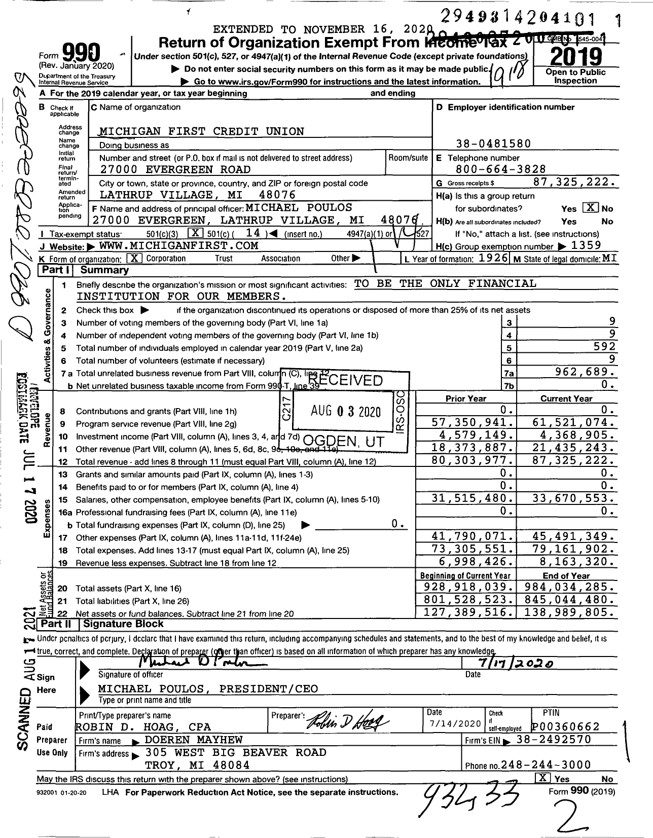 Image of first page of 2019 Form 990O for Michigan First Credit Union