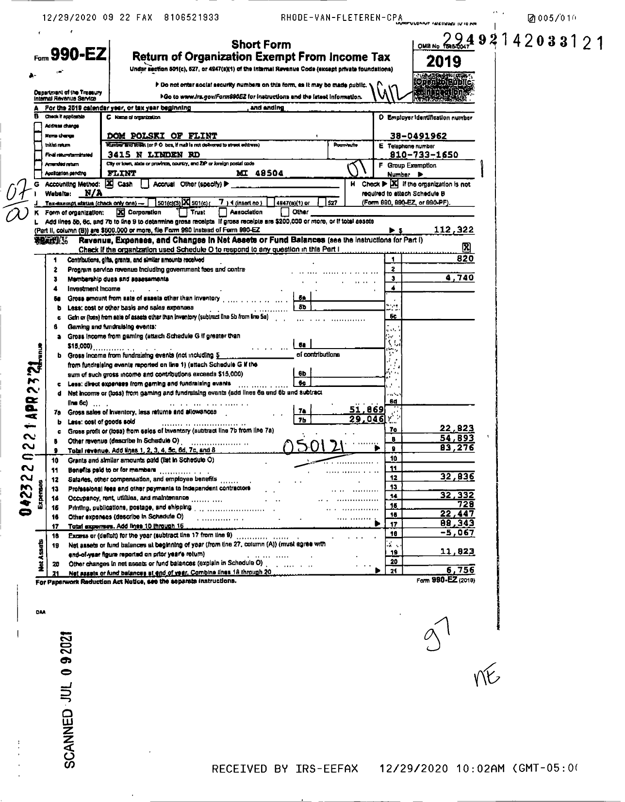 Image of first page of 2019 Form 990EO for Dom Polski of Flint