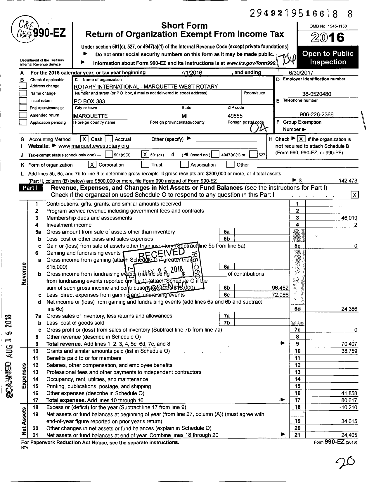 Image of first page of 2016 Form 990EO for Rotary International - Marquette West Rotary Club