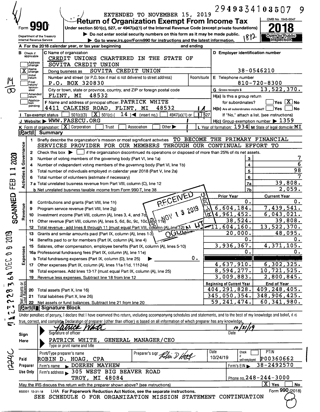 Image of first page of 2018 Form 990O for Credit Unions Chartered in the State of Sovita Credit Union (FASECU)