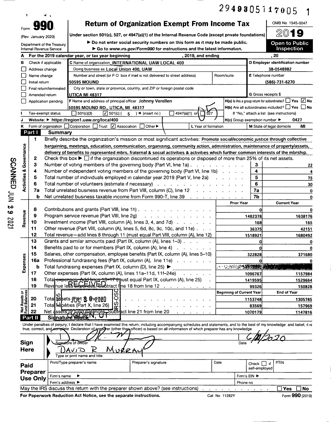 Image of first page of 2019 Form 990O for INTERNATIONAL Union UAW Local 400