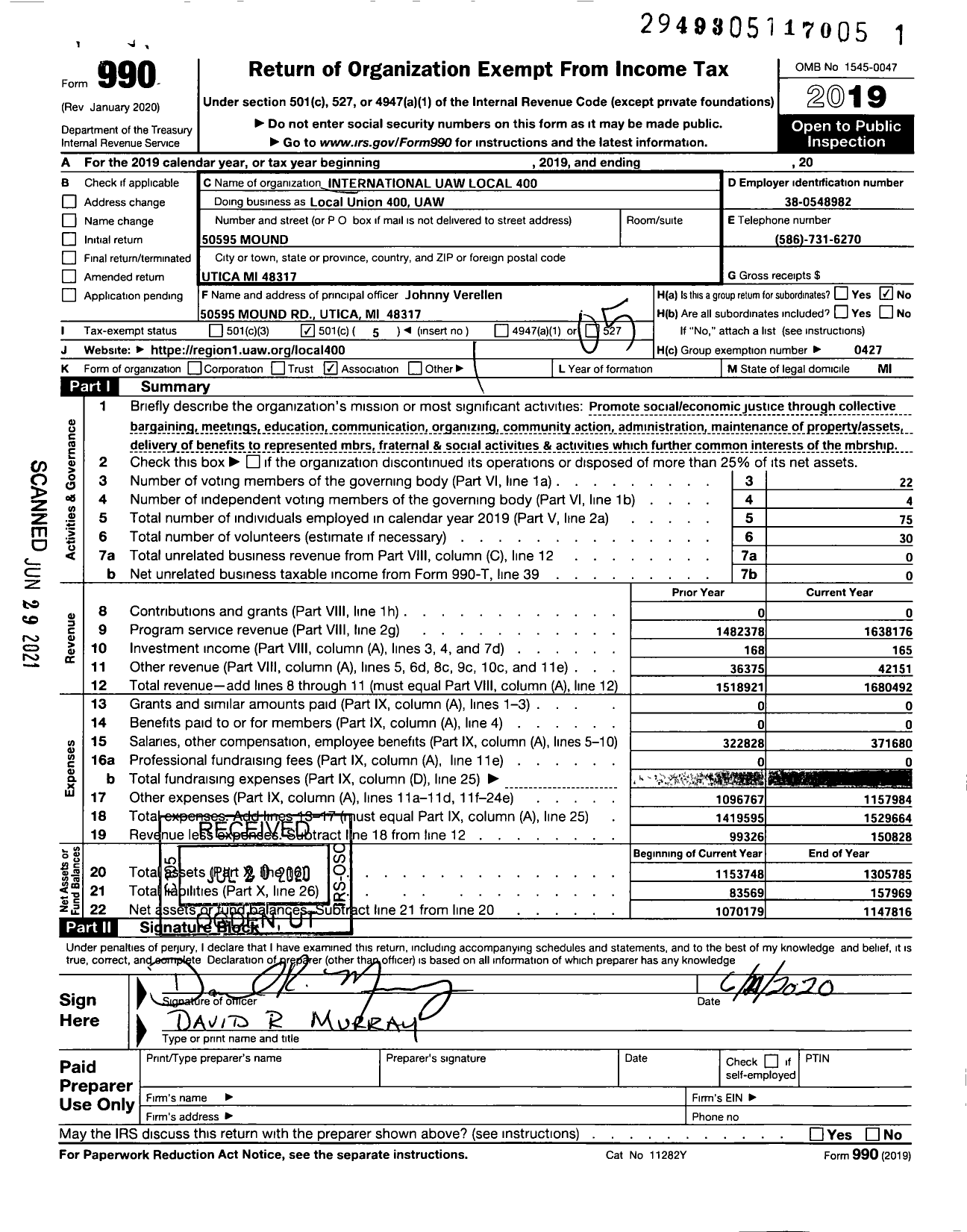 Image of first page of 2019 Form 990O for UAW - International Union United Auto 400