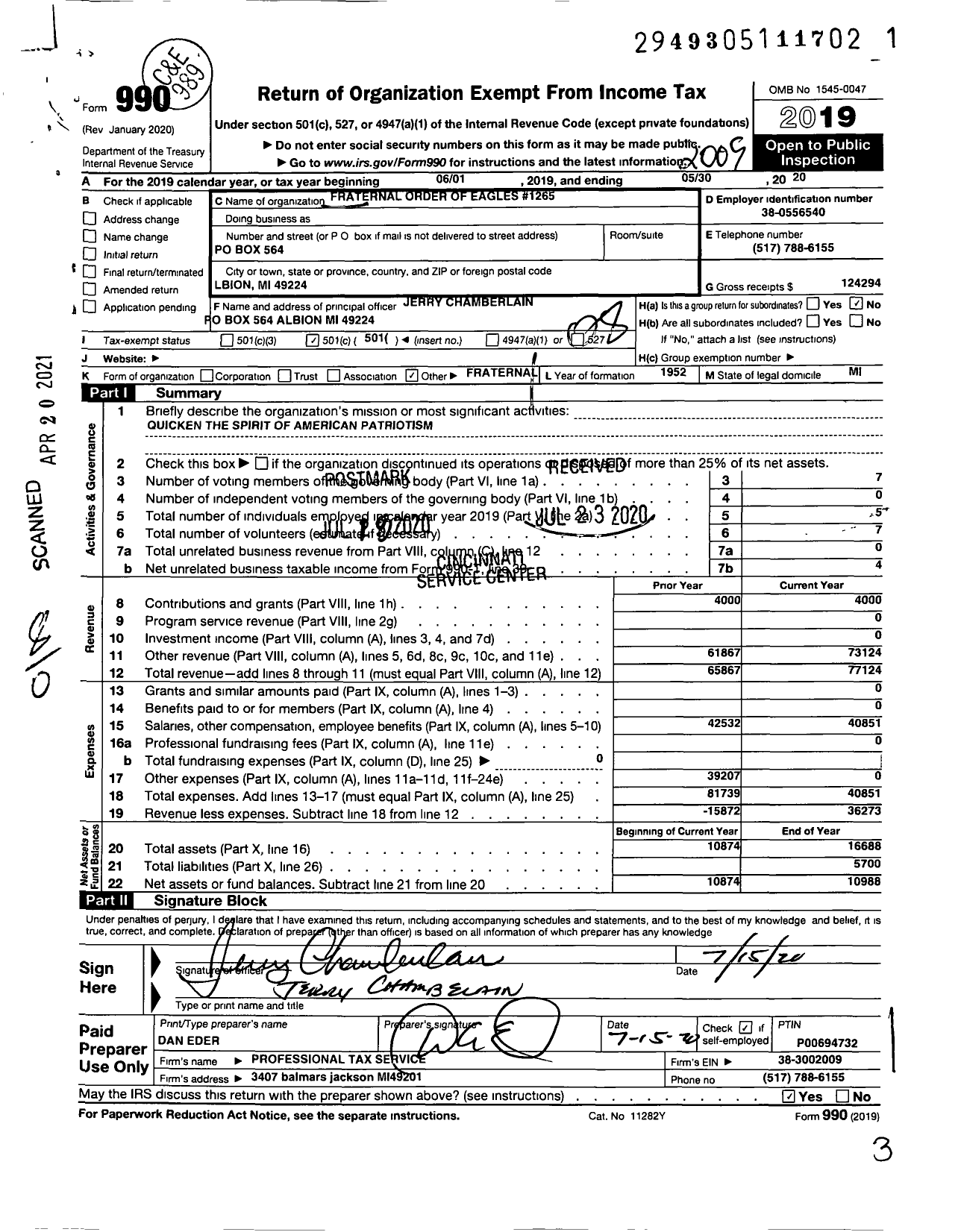 Image of first page of 2019 Form 990O for Fraternal Order of Eagles - 1265 Aerie