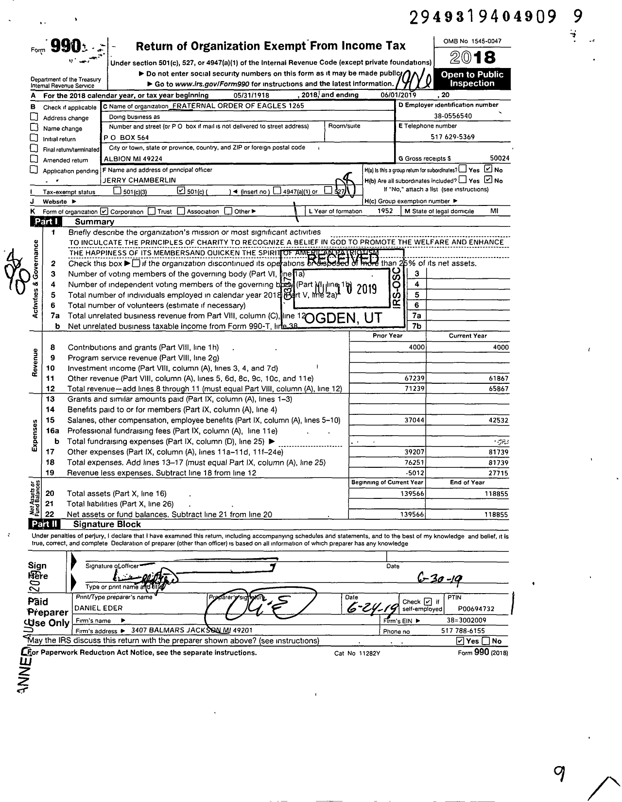 Image of first page of 2018 Form 990O for Fraternal Order of Eagles - 1265 Aerie