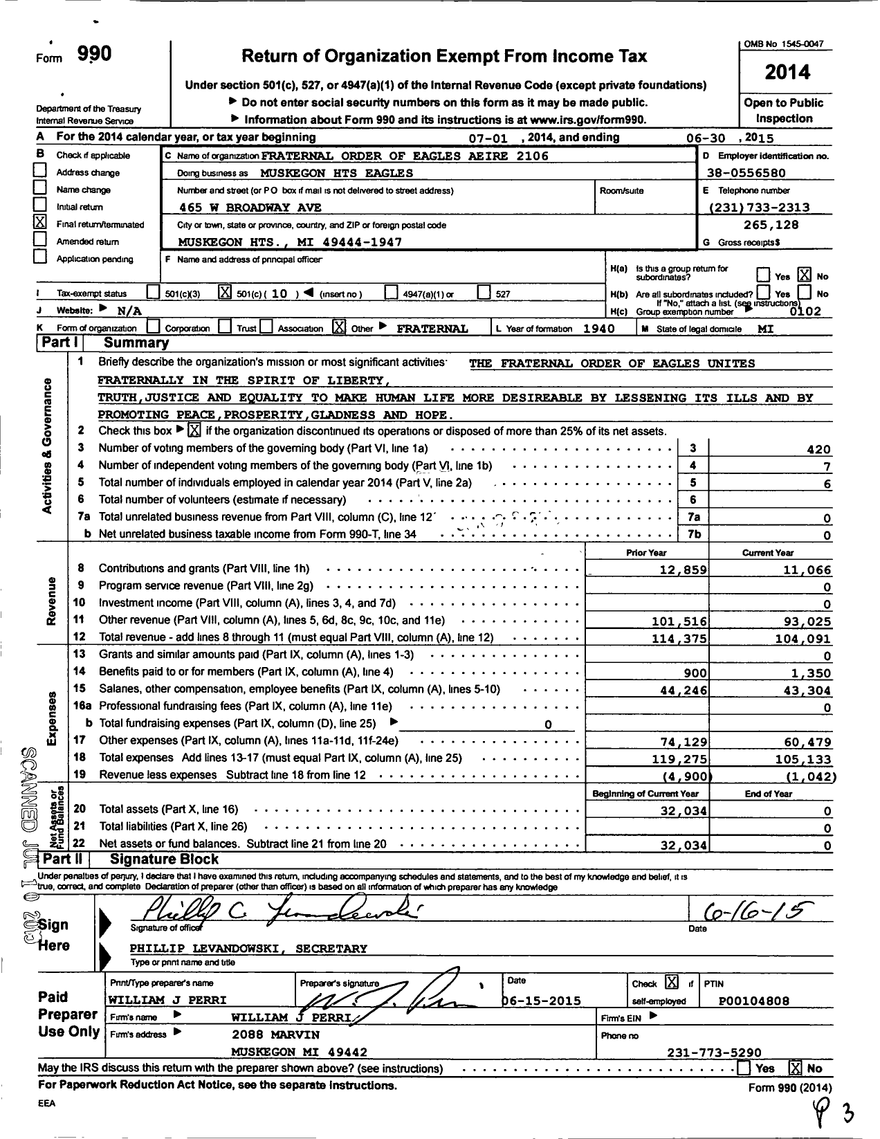 Image of first page of 2014 Form 990O for Fraternal Order of Eagles Aeire 2106