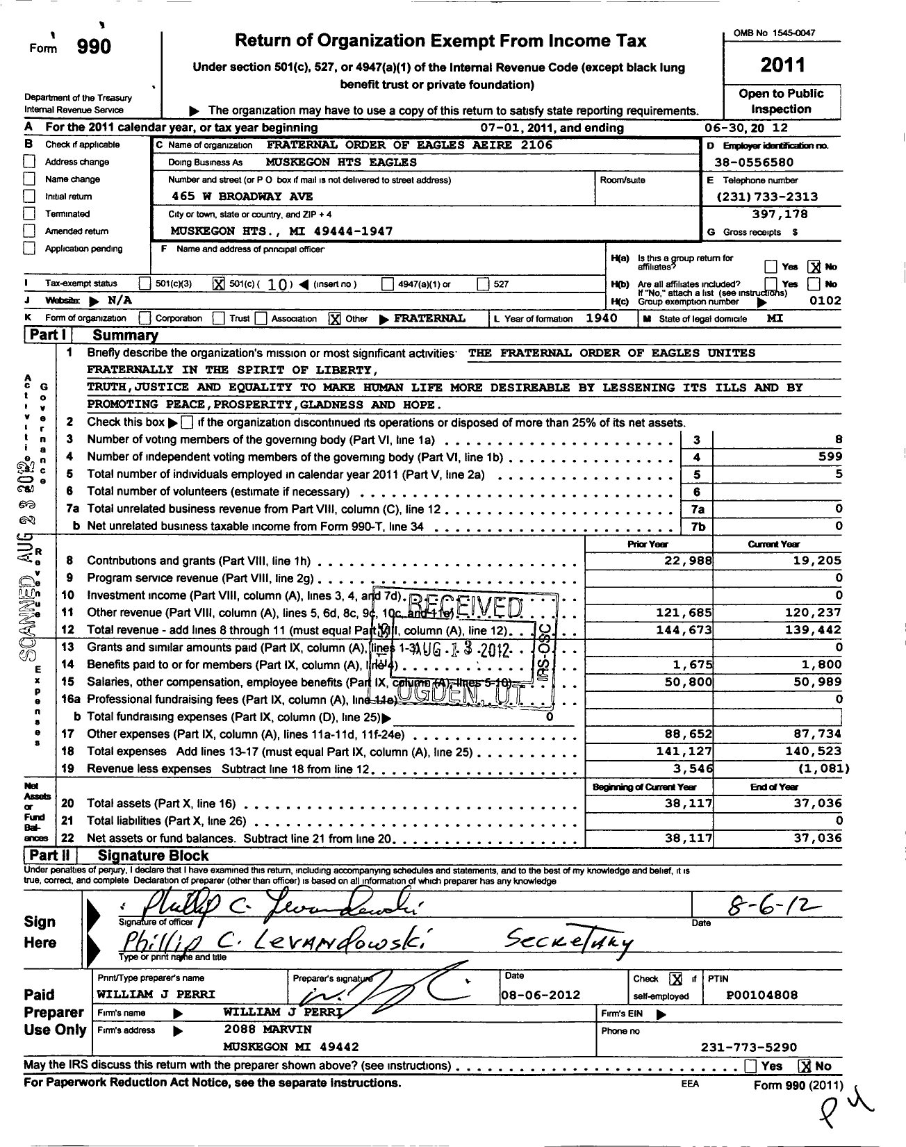 Image of first page of 2011 Form 990O for Fraternal Order of Eagles Aeire 2106