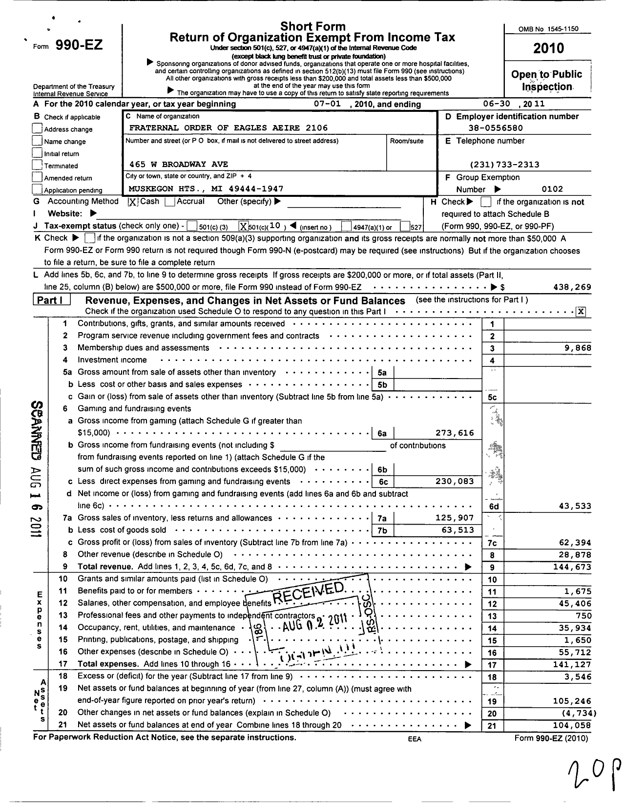 Image of first page of 2010 Form 990EO for Fraternal Order of Eagles Aeire 2106