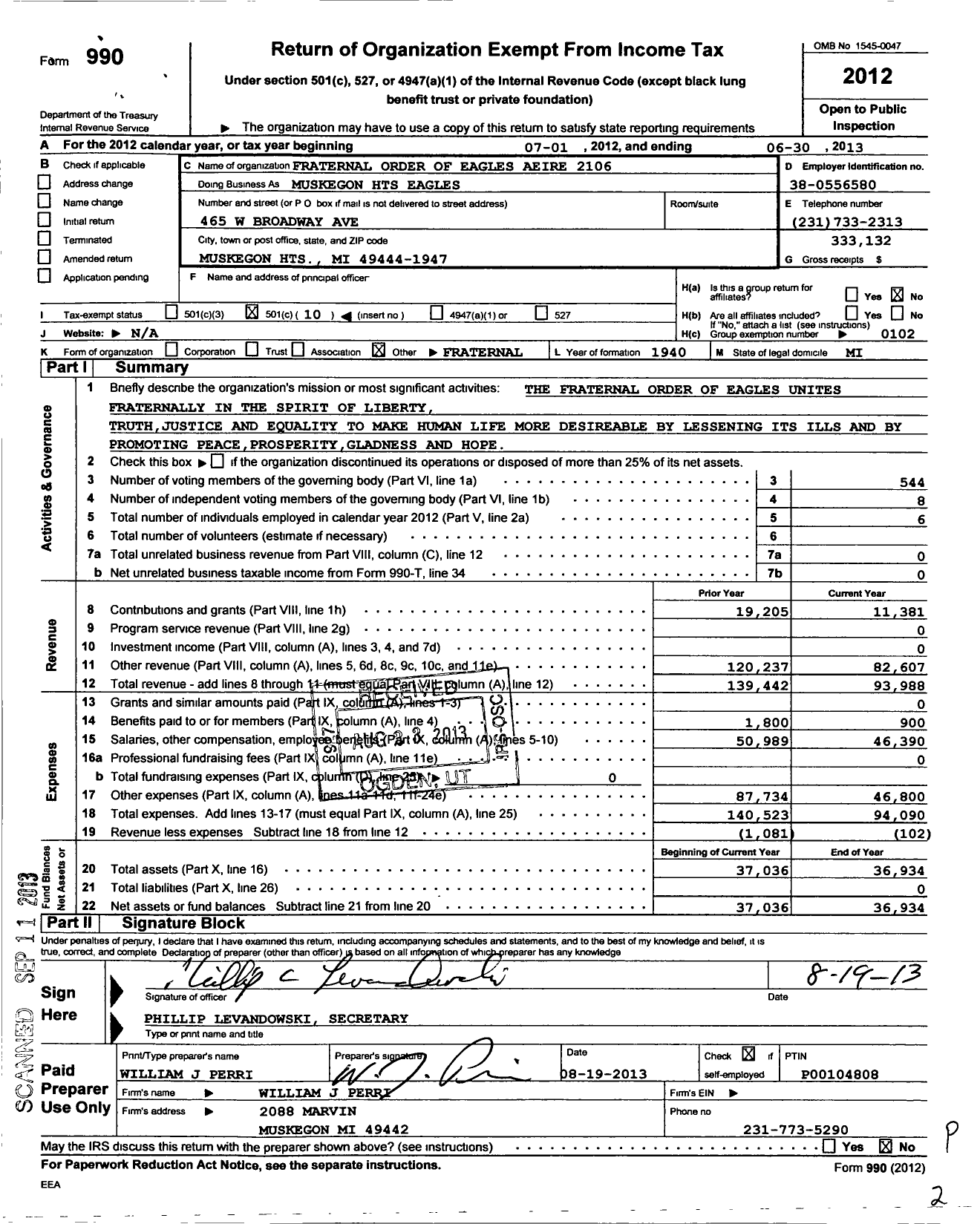 Image of first page of 2012 Form 990O for Fraternal Order of Eagles Aeire 2106