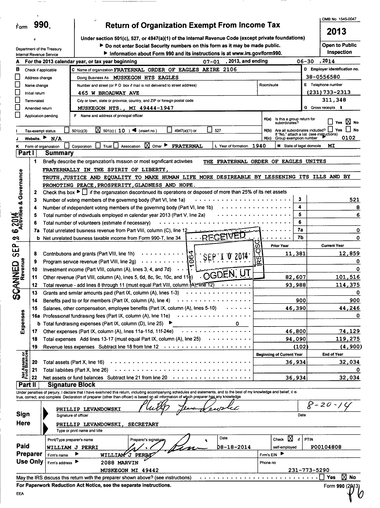 Image of first page of 2013 Form 990O for Fraternal Order of Eagles Aeire 2106