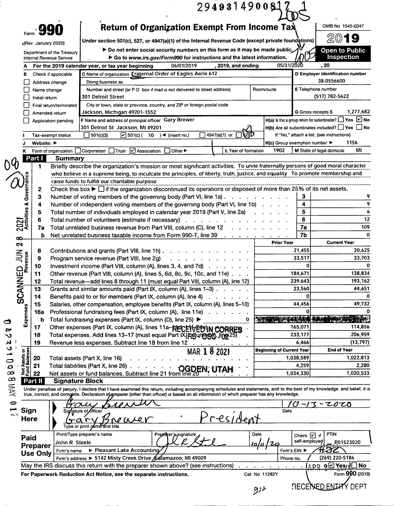 Image of first page of 2019 Form 990O for Fraternal Order of Eagles - 612 Aerie