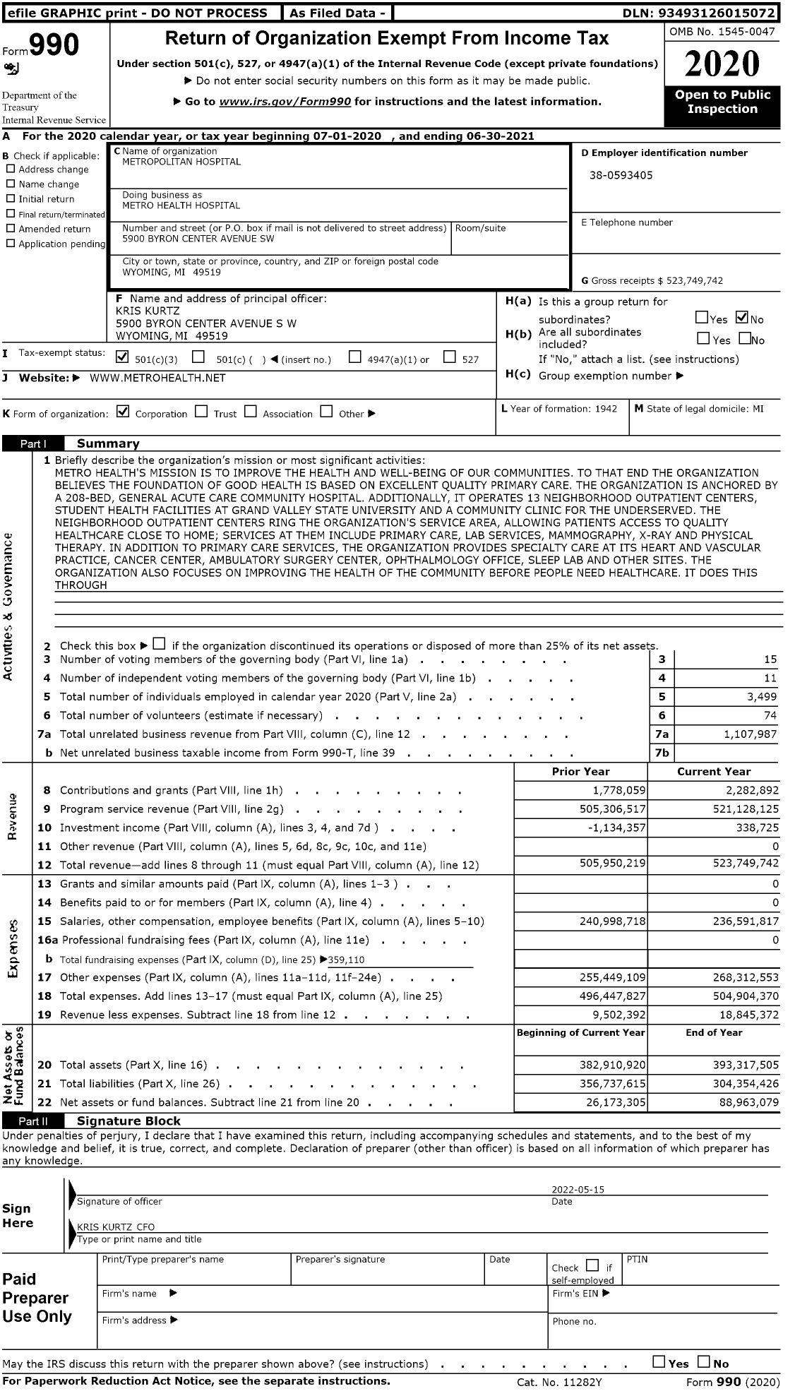 Image of first page of 2020 Form 990 for University of Michigan Health-West