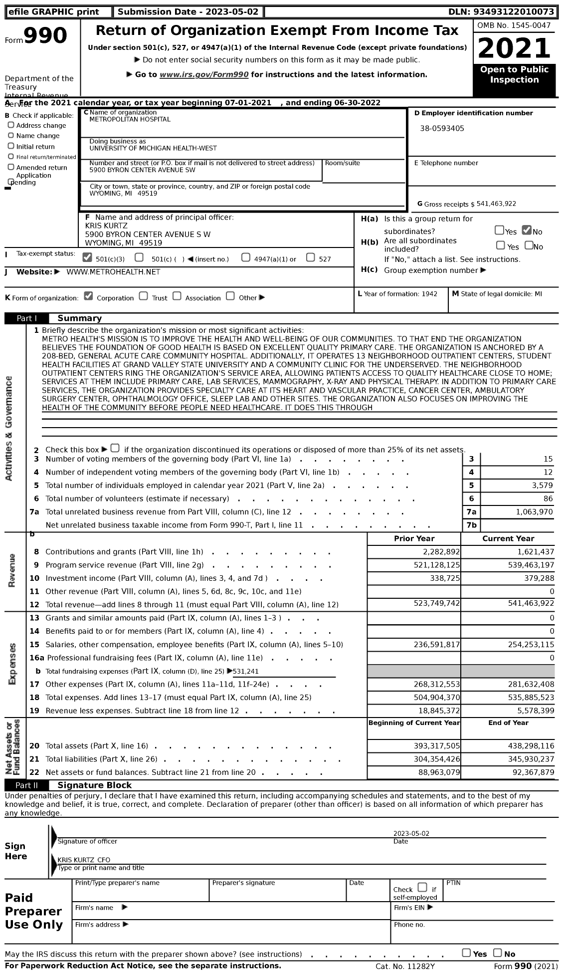 Image of first page of 2021 Form 990 for University of Michigan Health-West