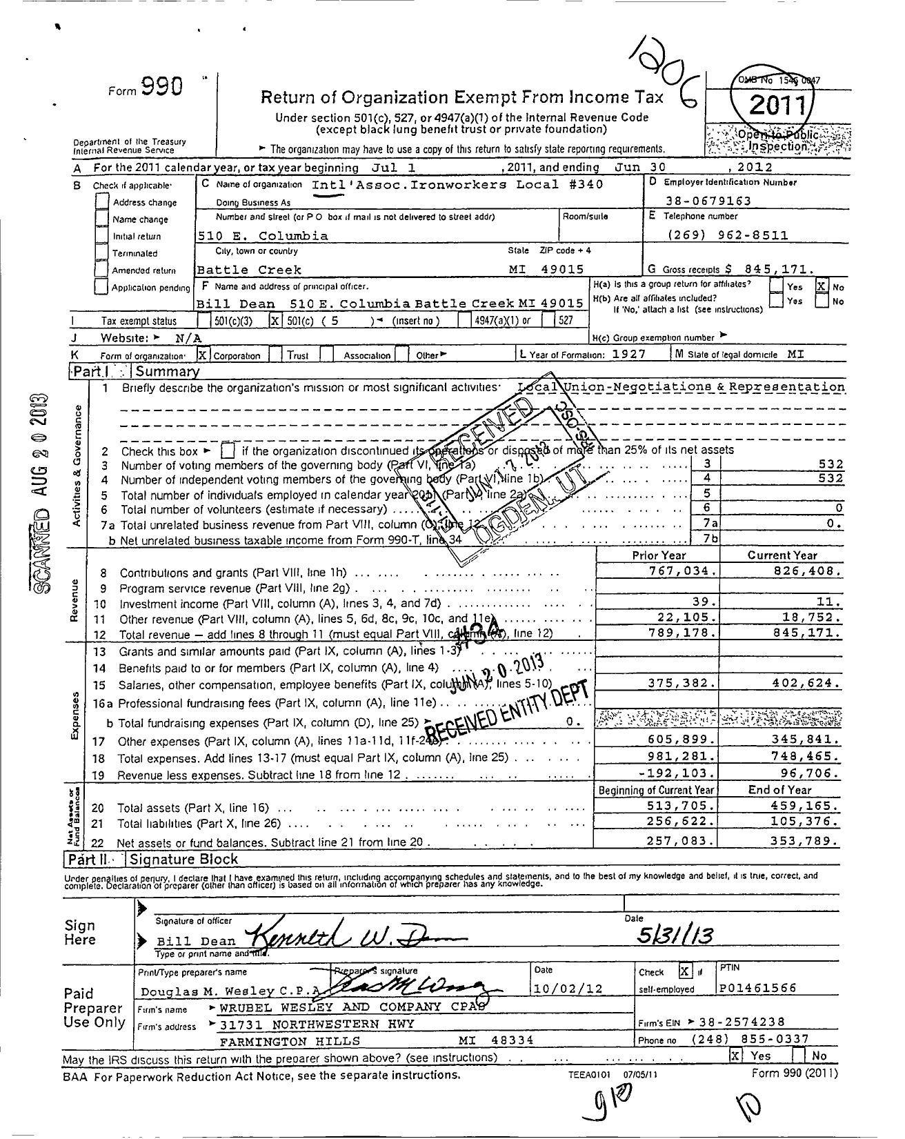 Image of first page of 2011 Form 990O for Intl'AssocIronworkers Local #340