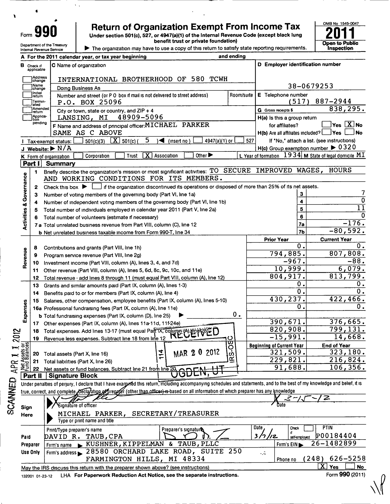 Image of first page of 2011 Form 990O for Teamsters - 580 TCWH