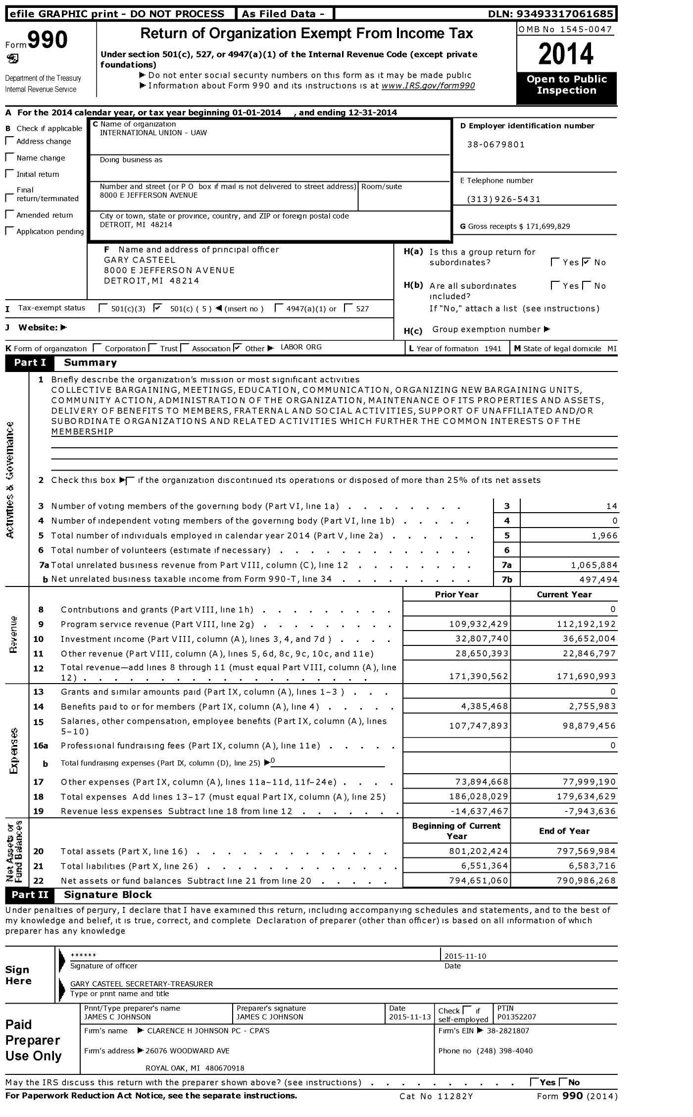 Image of first page of 2014 Form 990O for Uaw - International Union Uaw