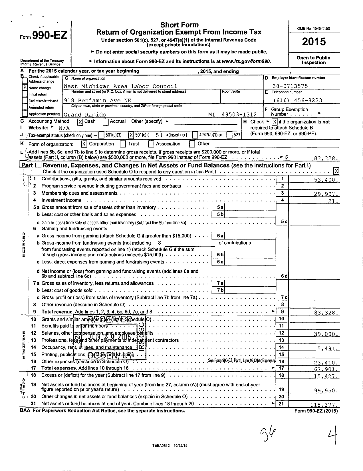 Image of first page of 2015 Form 990EO for AFL-CIO - West Michigan Area Labor Council