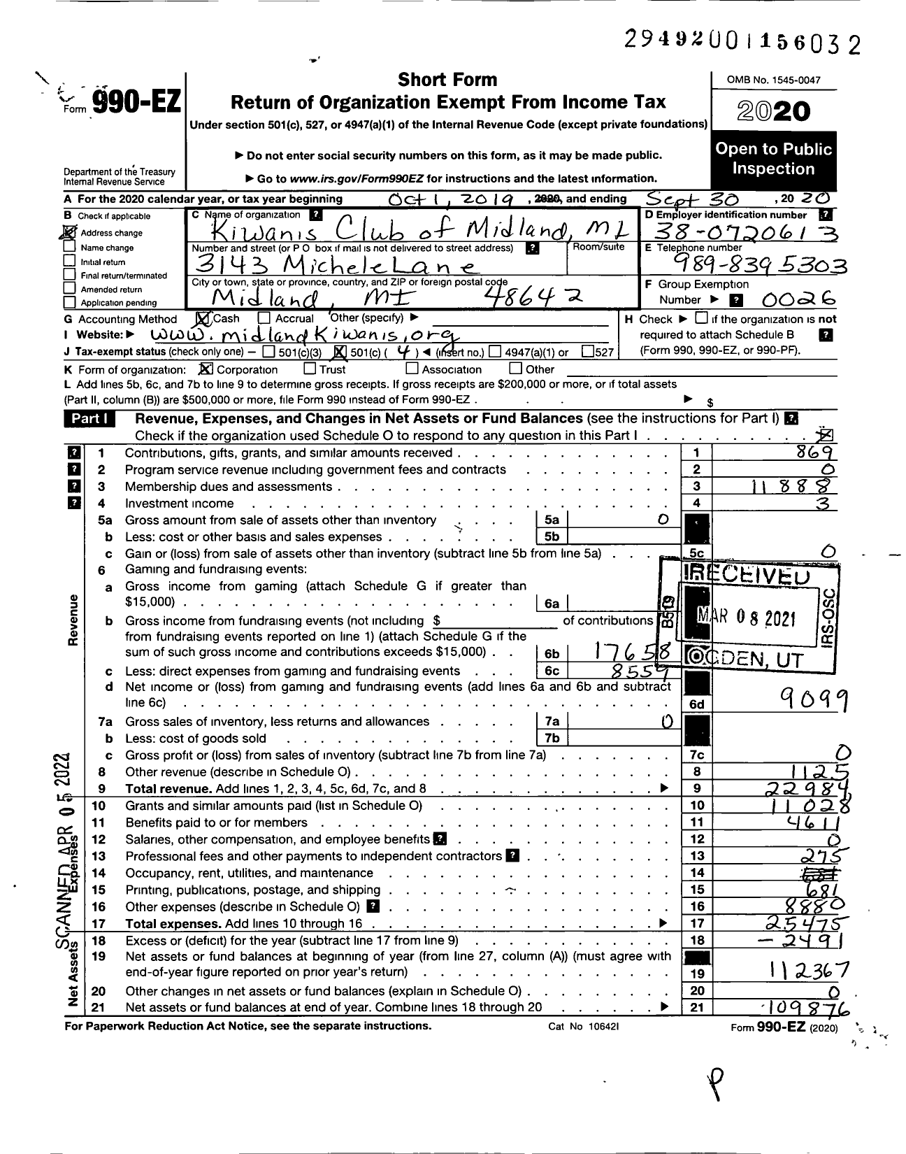 Image of first page of 2019 Form 990EO for Kiwanis International - K00548 Midland