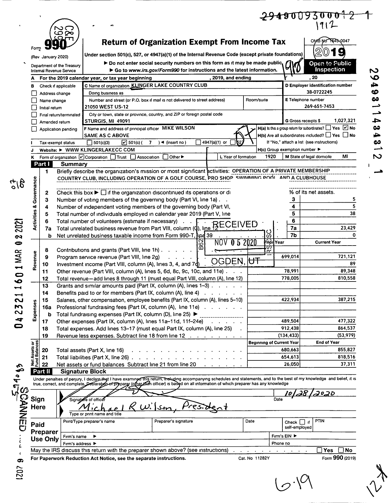 Image of first page of 2019 Form 990O for Klinger Lake Country Club