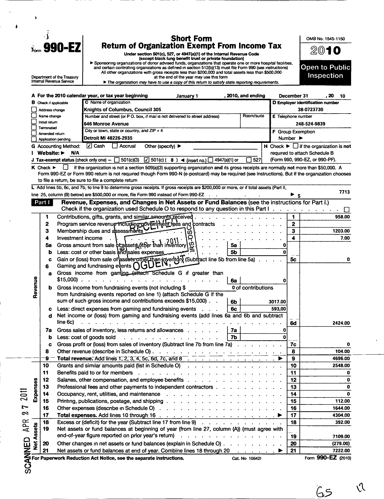 Image of first page of 2010 Form 990EO for Knights of Columbus Detroit Council 305