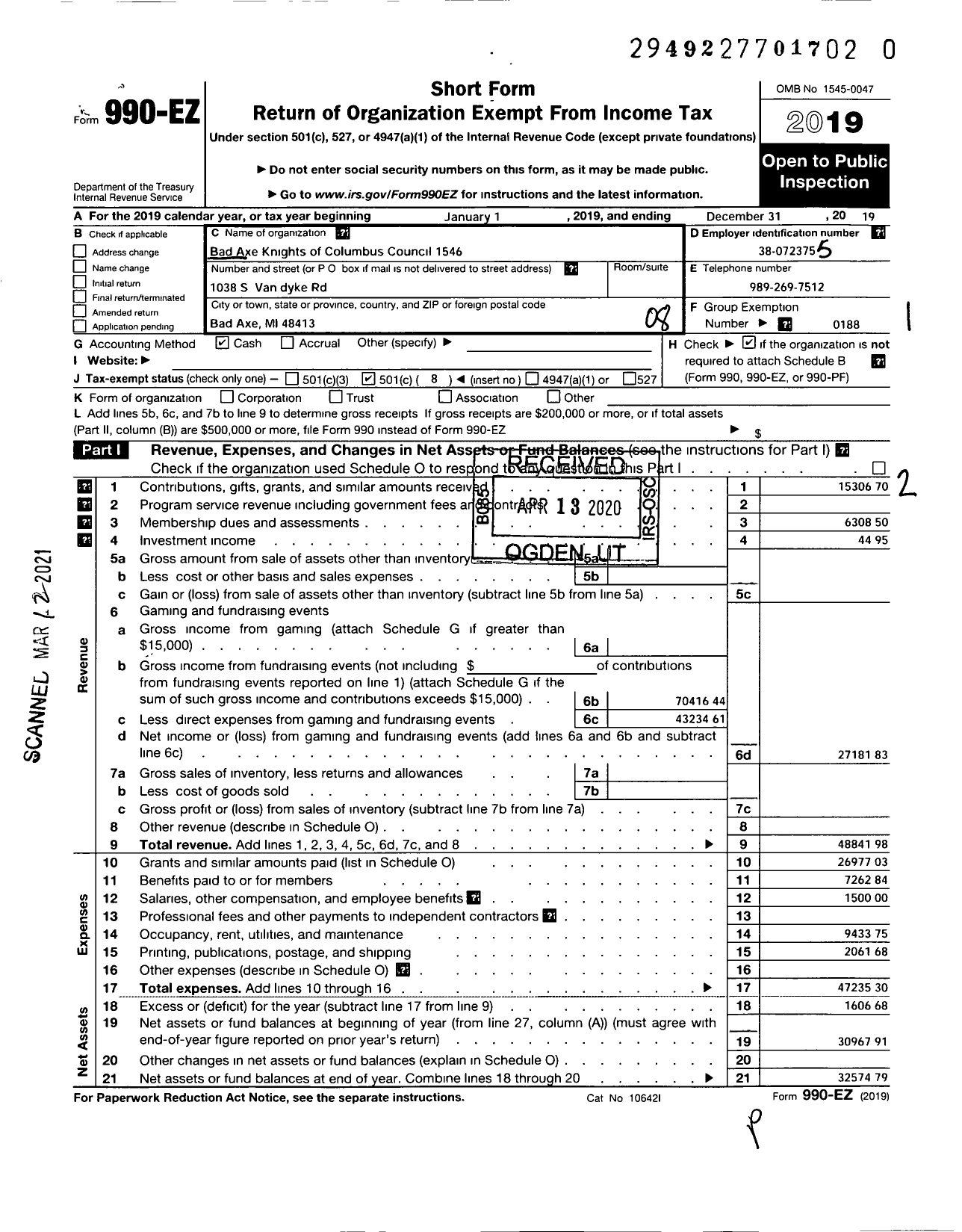 Image of first page of 2019 Form 990EO for KNIGHTS OF COLUMBUS - 1546 Bad Axe Council