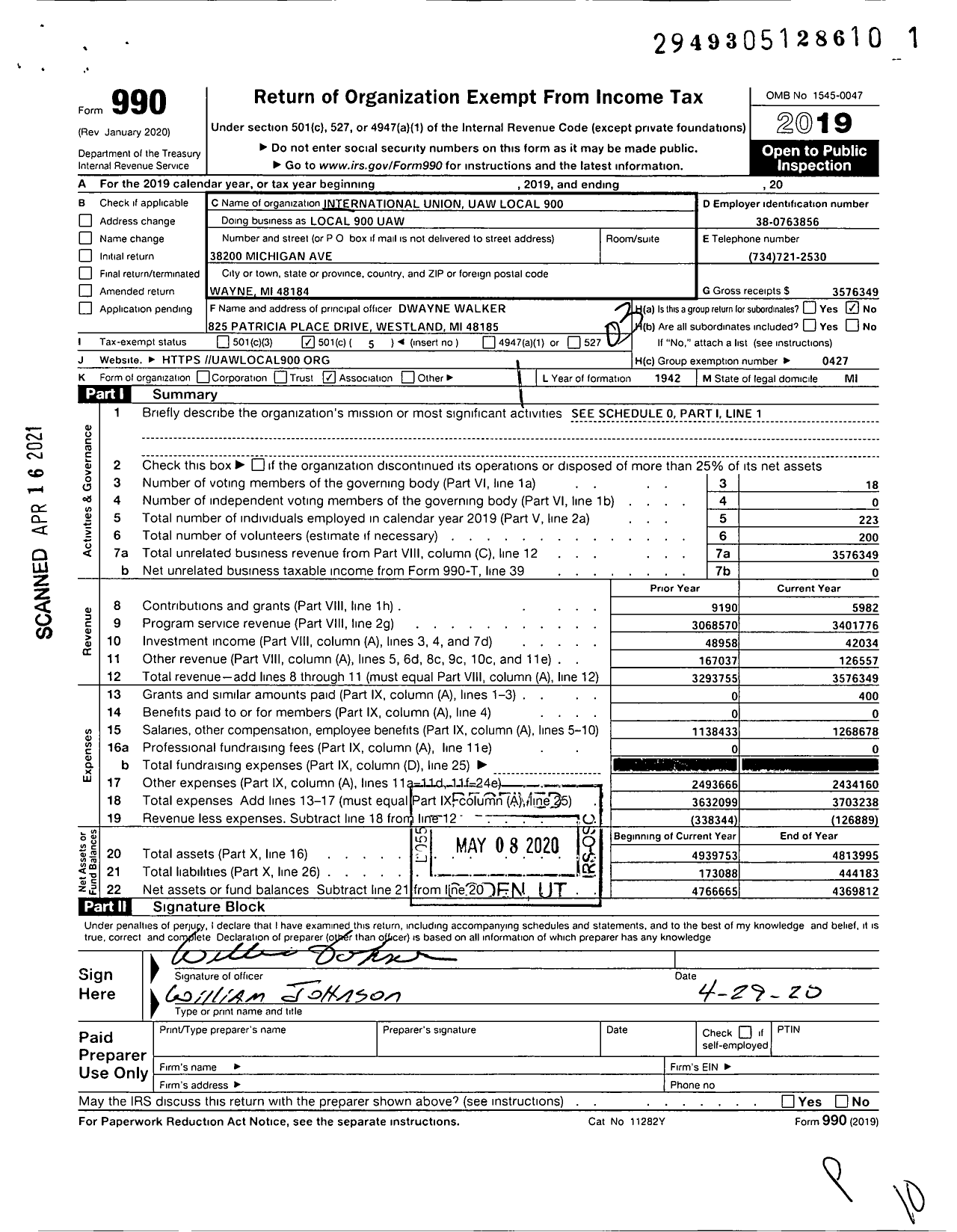 Image of first page of 2019 Form 990 for UAW - International Union UAW Local 900