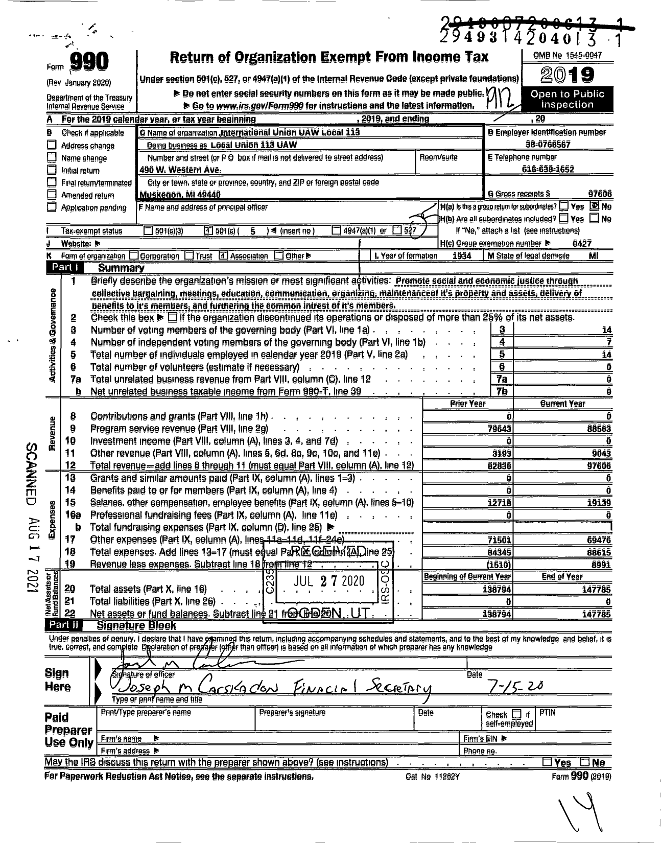 Image of first page of 2019 Form 990O for UAW - INTERNATIONAL UNION UAW Local 113