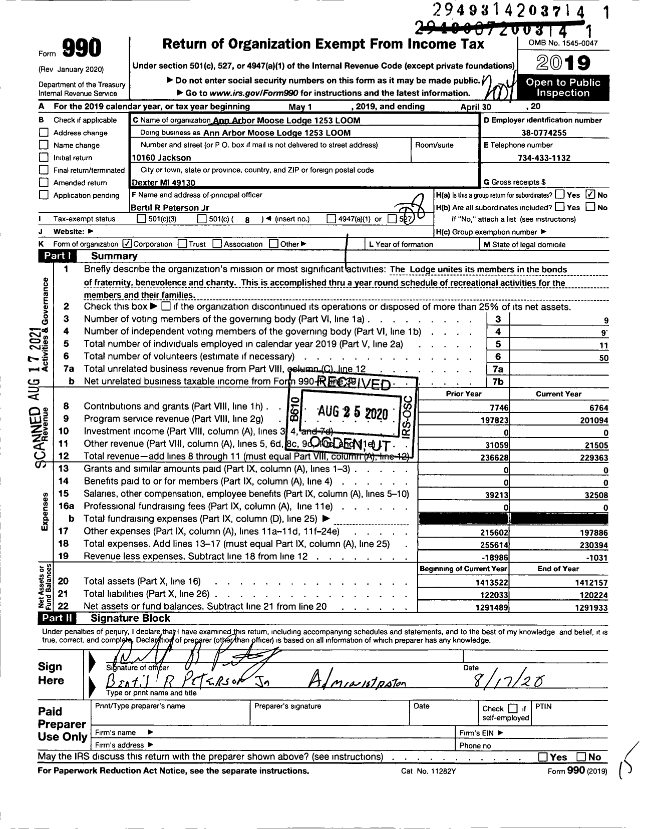 Image of first page of 2019 Form 990O for Loyal Order of Moose - 1253