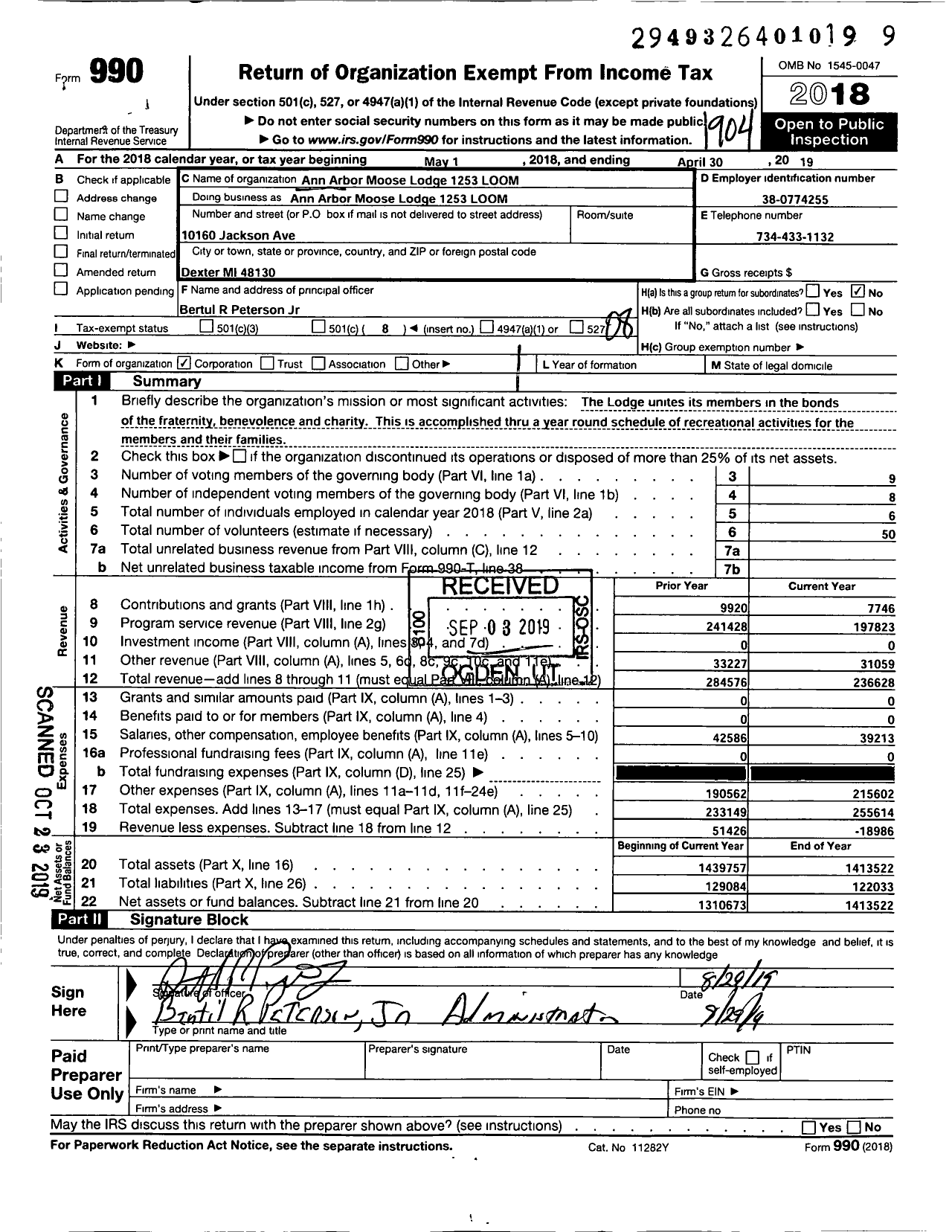 Image of first page of 2018 Form 990O for Loyal Order of Moose - 1253