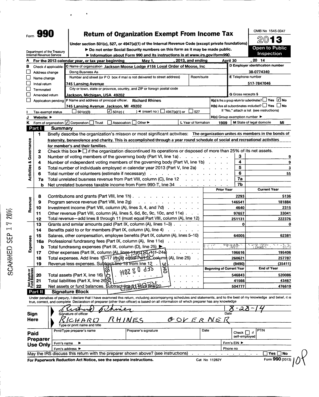 Image of first page of 2013 Form 990O for Loyal Order of Moose - Jackson Moose Lodge 156