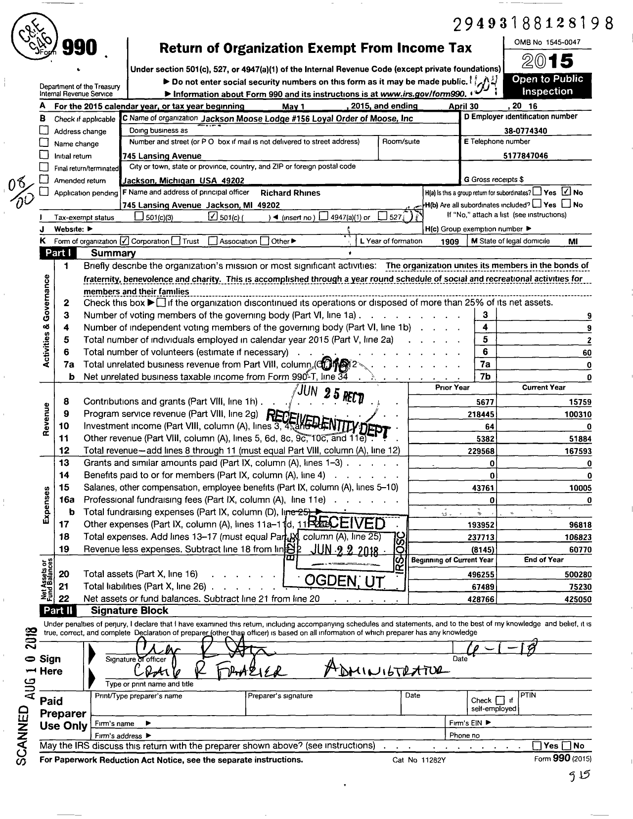 Image of first page of 2015 Form 990O for Loyal Order of Moose - Jackson Moose Lodge 156