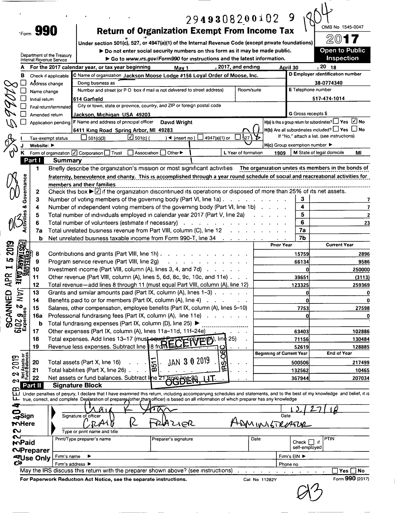 Image of first page of 2017 Form 990O for Loyal Order of Moose - Jackson Moose Lodge 156