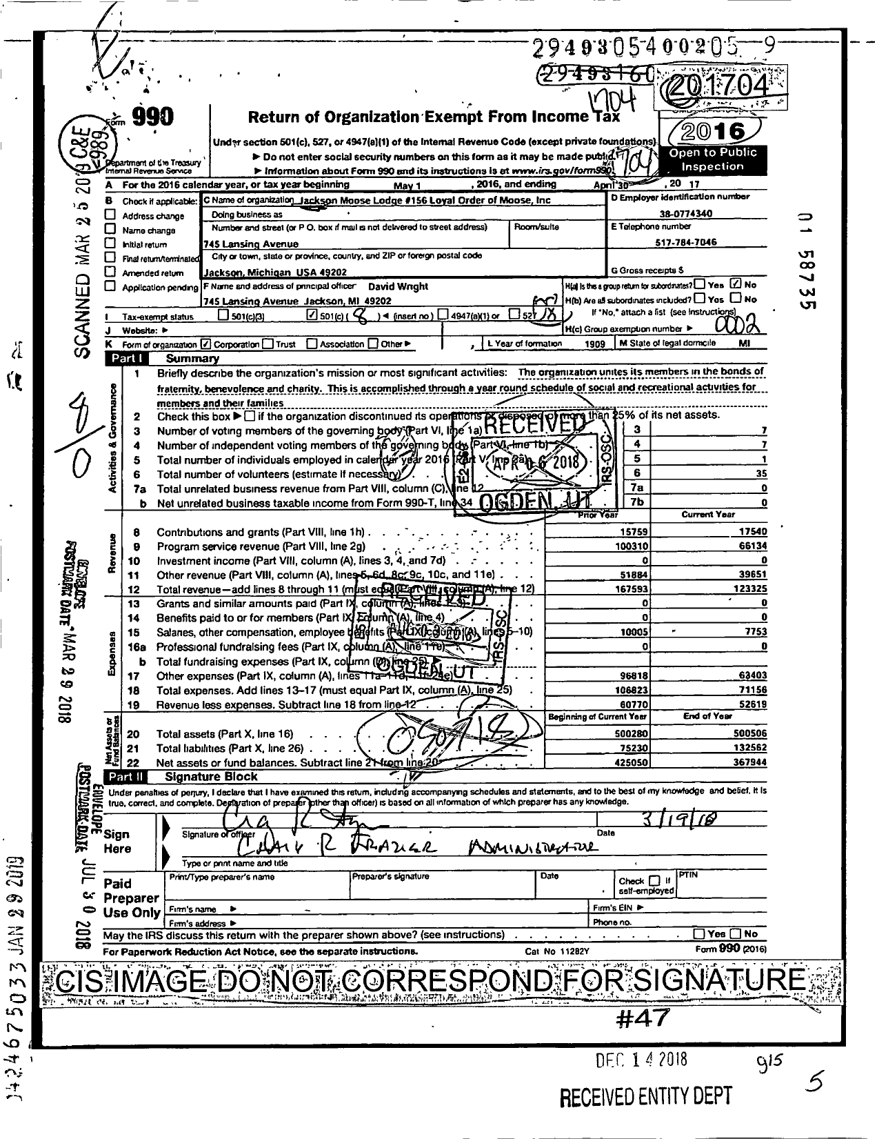 Image of first page of 2016 Form 990O for Loyal Order of Moose - Jackson Moose Lodge 156