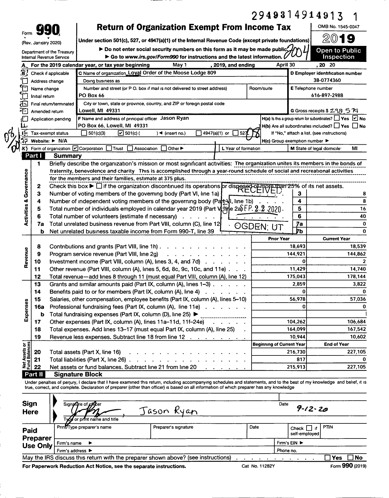 Image of first page of 2019 Form 990O for Lowell Lodge No 809 Loyal Order of Moose