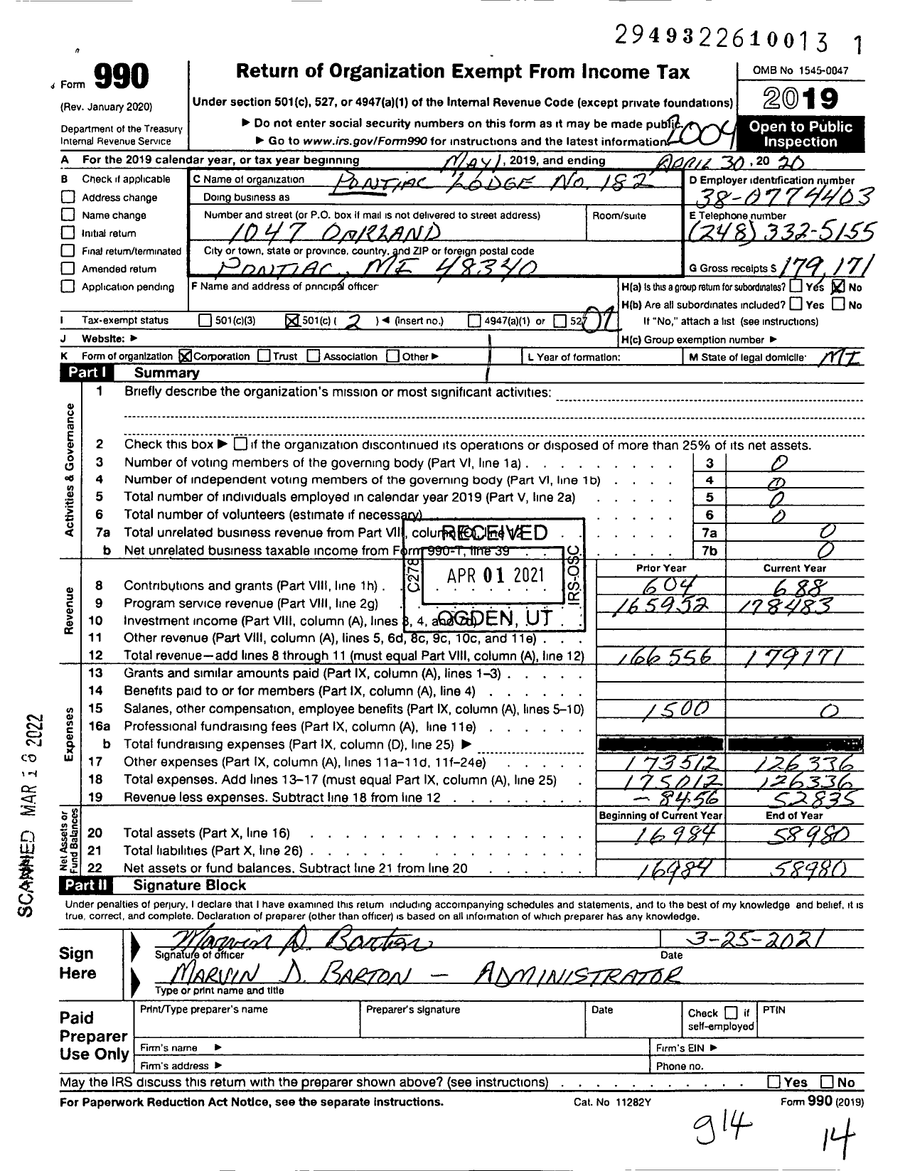 Image of first page of 2019 Form 990O for Pontiac Lodge No 182 Loyal Order of Moose Incorporated