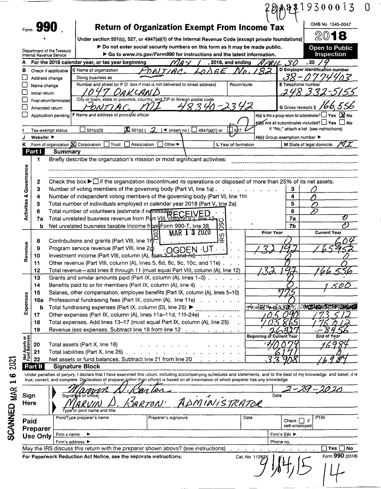 Image of first page of 2018 Form 990O for Pontiac Lodge No 182 Loyal Order of Moose Incorporated