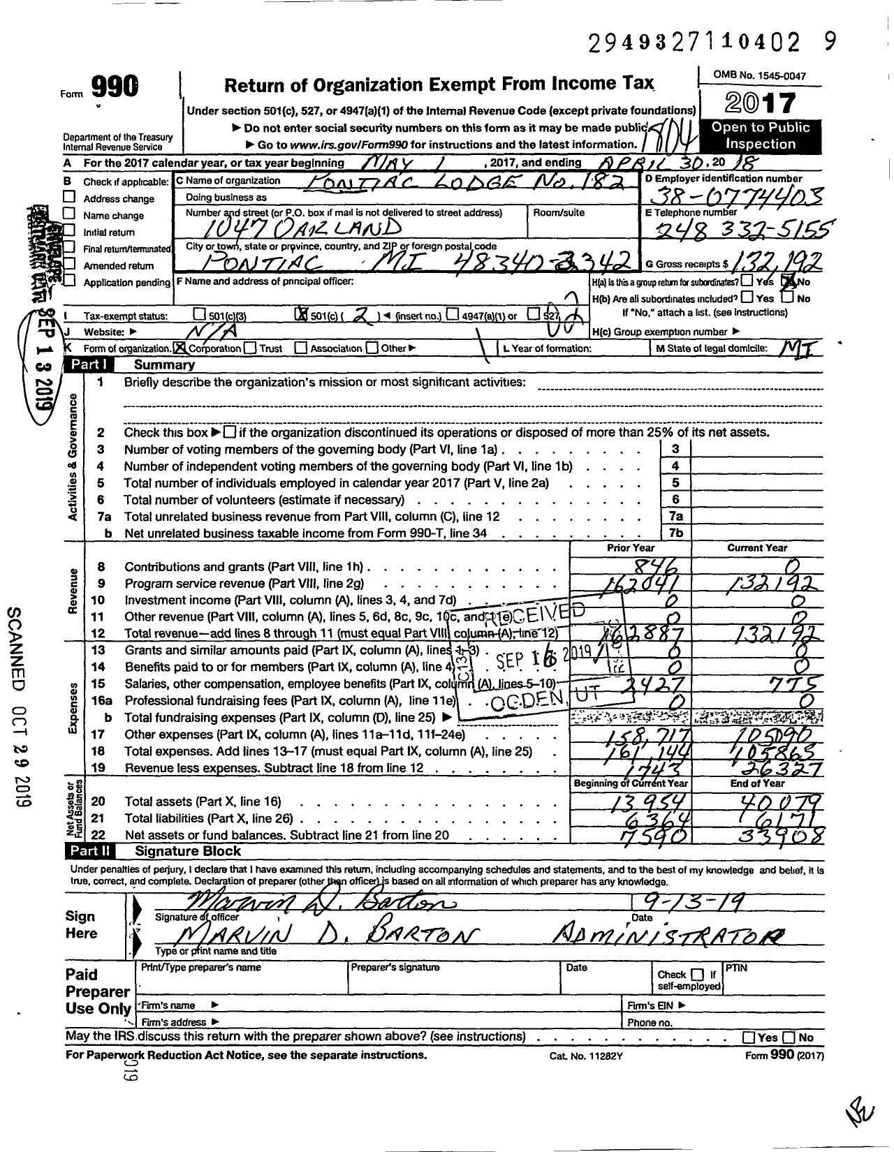 Image of first page of 2017 Form 990O for Pontiac Lodge No 182 Loyal Order of Moose Incorporated