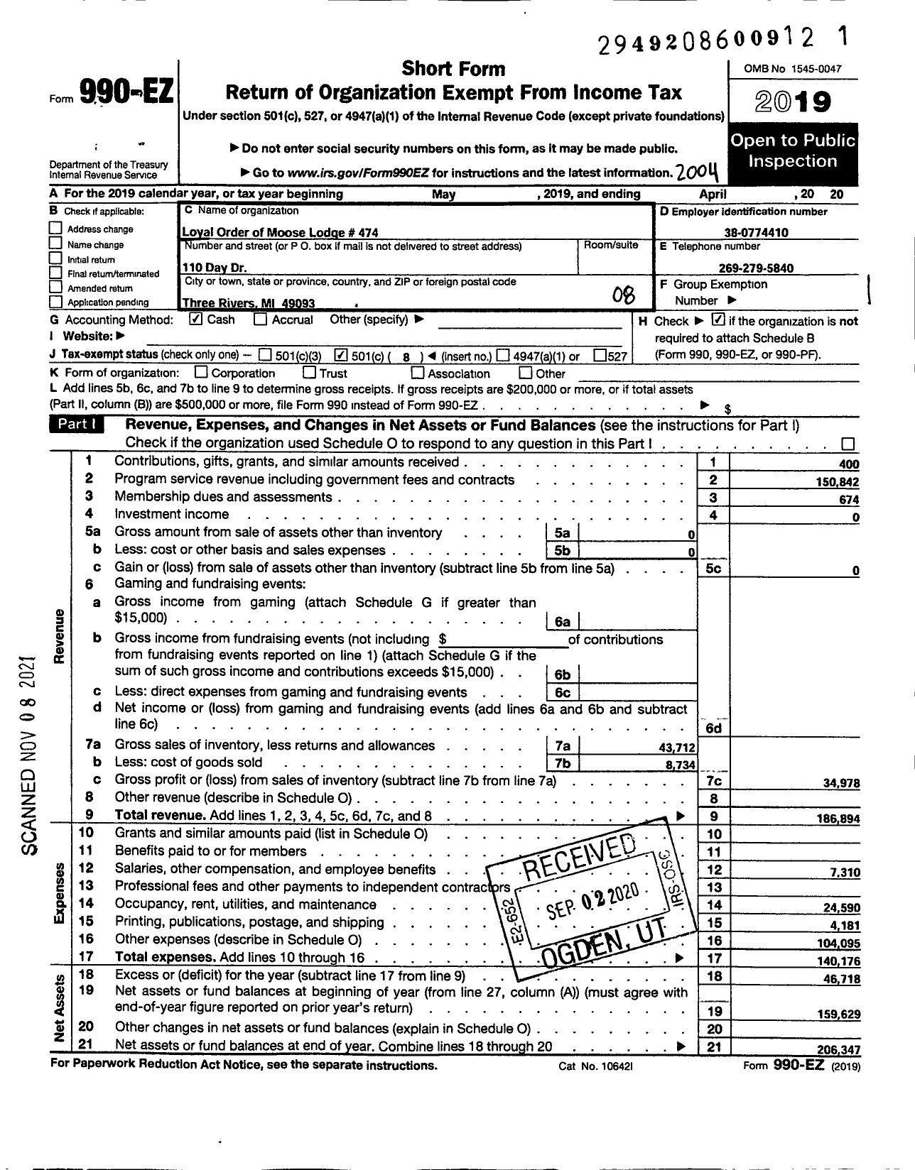 Image of first page of 2019 Form 990EO for Loyal Order Of Moose Lodge 474