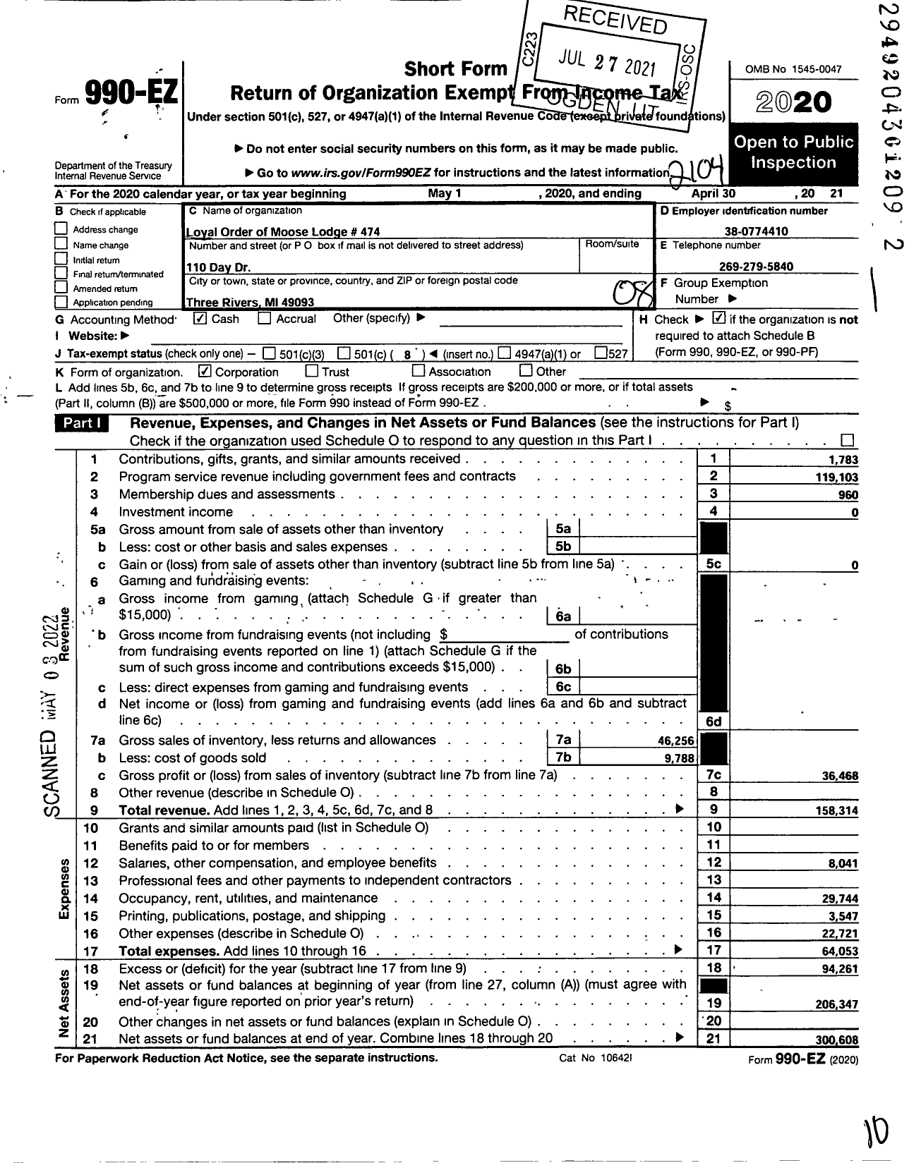 Image of first page of 2020 Form 990EO for Loyal Order Of Moose Lodge 474