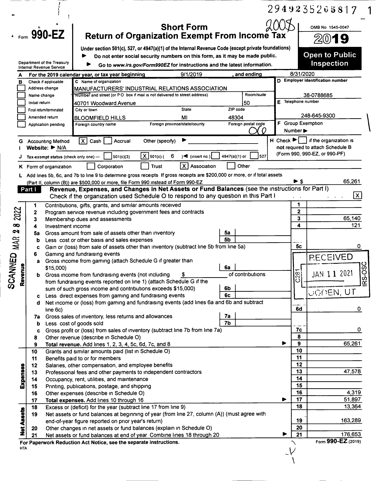 Image of first page of 2019 Form 990EO for Manufacturers Industrial Relations Association