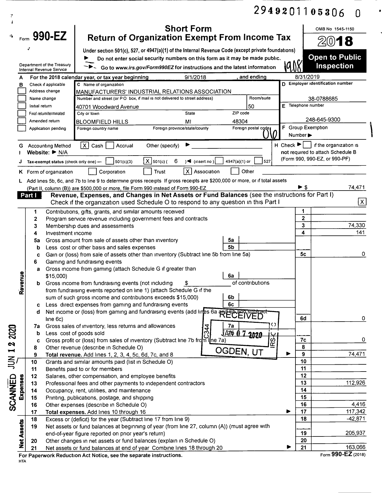 Image of first page of 2018 Form 990EO for Manufacturers Industrial Relations Association