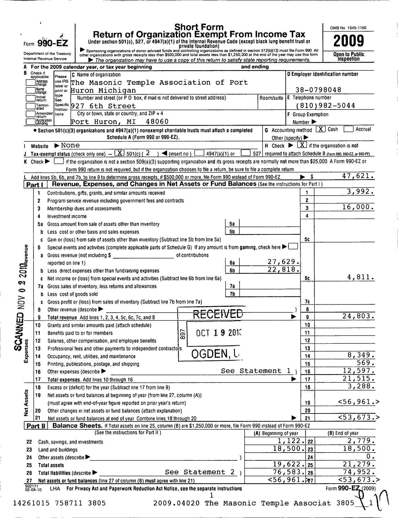 Image of first page of 2009 Form 990EO for The Masonic Temple Association of Port H