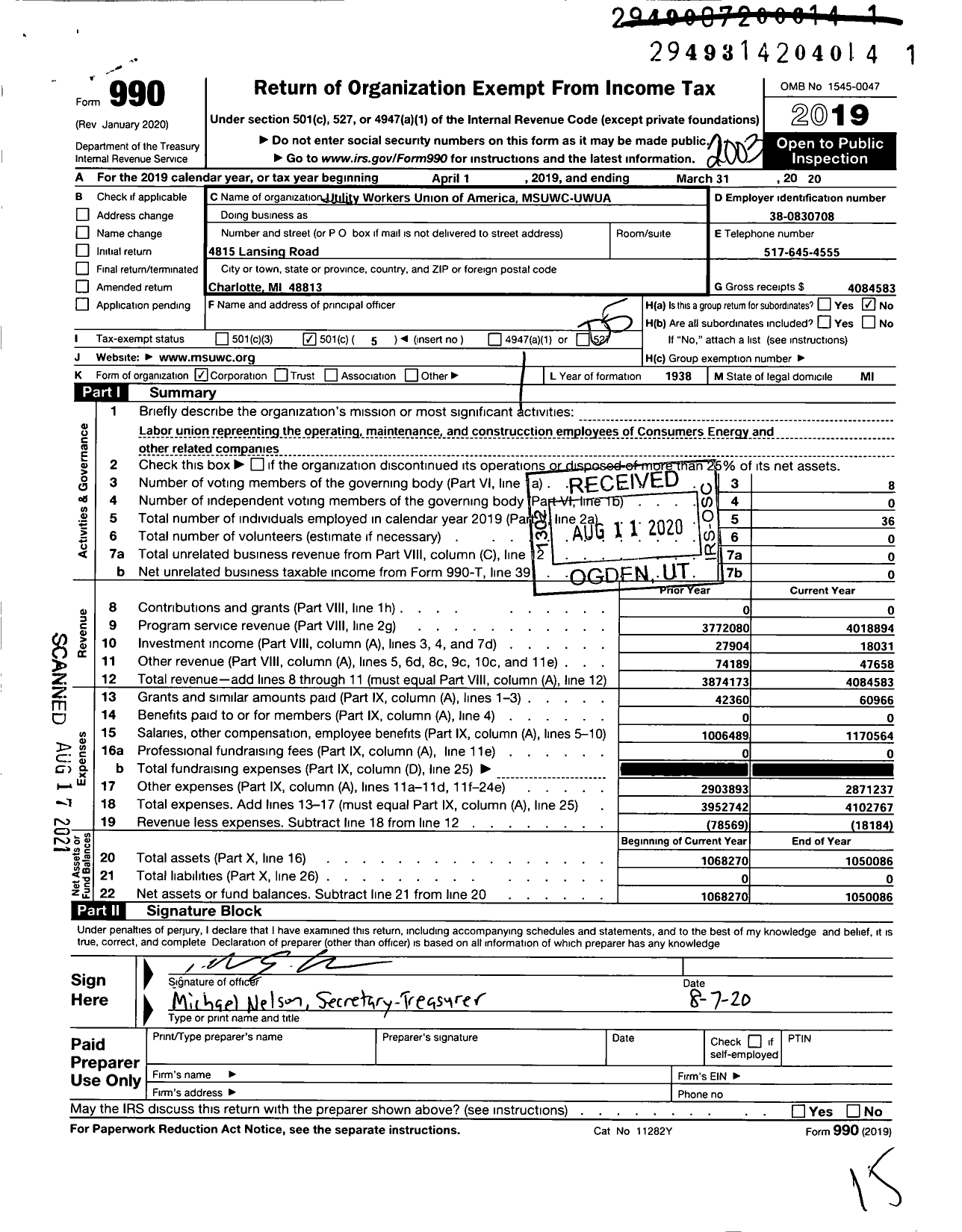 Image of first page of 2019 Form 990O for Utility Workers Union of America - Msuwc-Uwua