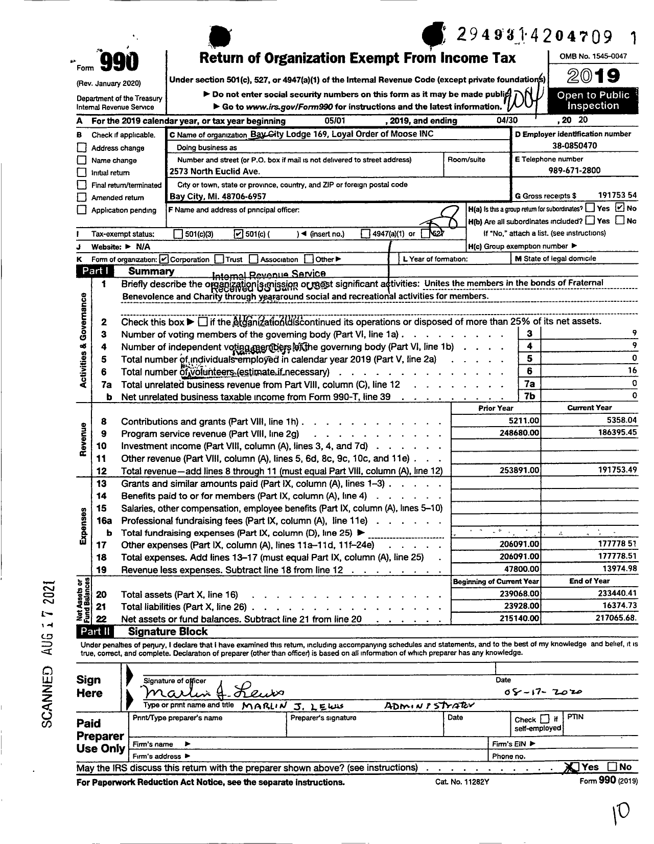 Image of first page of 2019 Form 990O for Loyal Order of Moose - 169