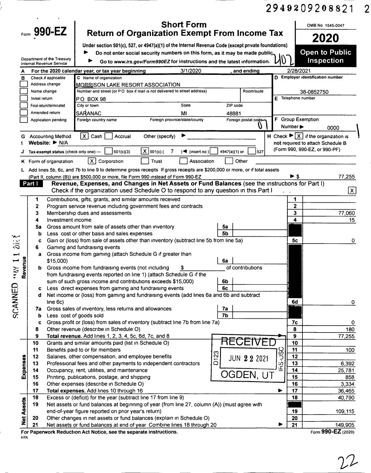 Image of first page of 2020 Form 990EO for Morrison Lake Resort Association