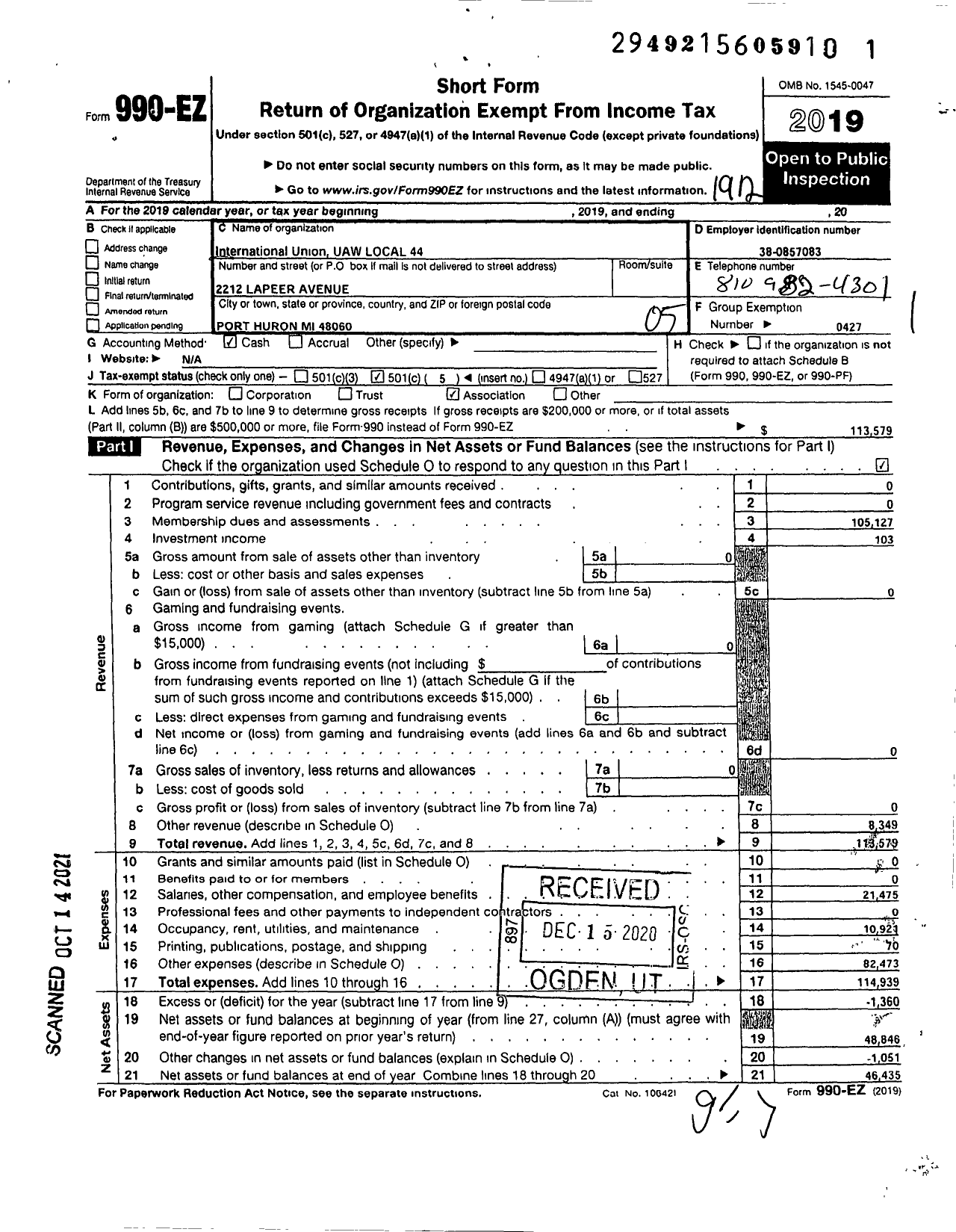 Image of first page of 2019 Form 990EO for UAW - International Union UAW Local 44