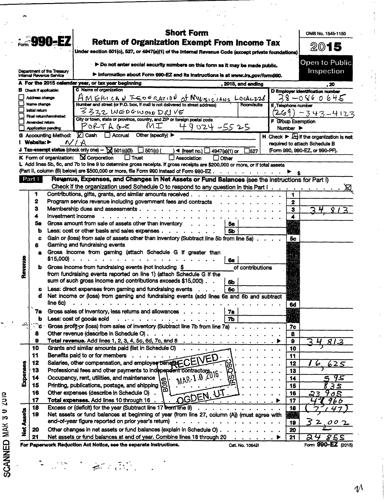 Image of first page of 2015 Form 990EZ for American Federation of Musicians - 228 Local Kalamazoo