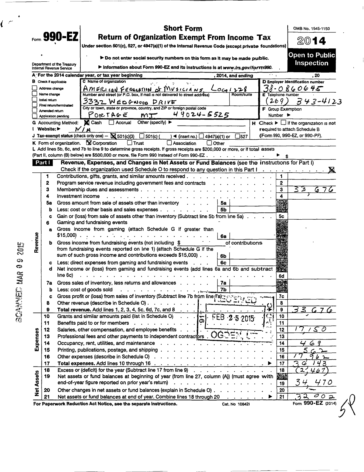 Image of first page of 2014 Form 990EZ for American Federation of Musicians - 228 Local Kalamazoo