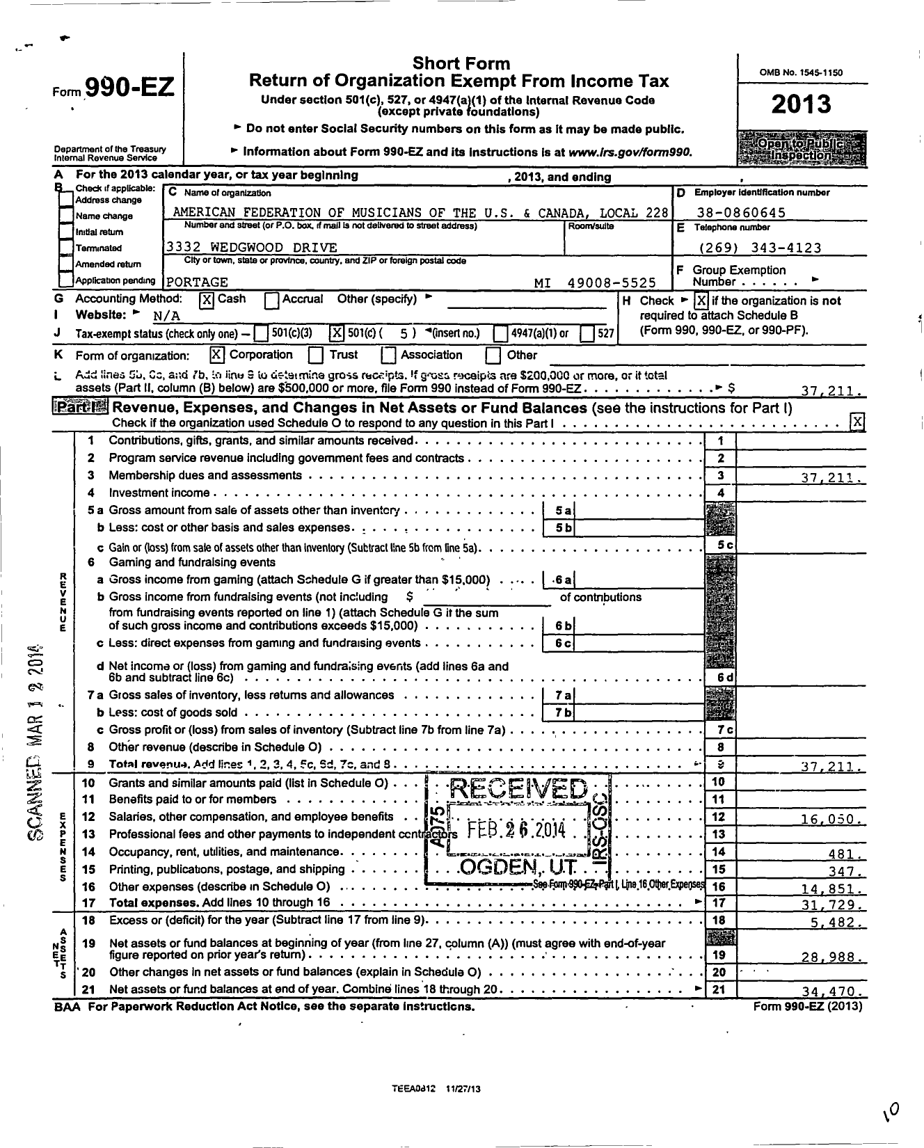 Image of first page of 2013 Form 990EO for American Federation of Musicians - 228 Local Kalamazoo